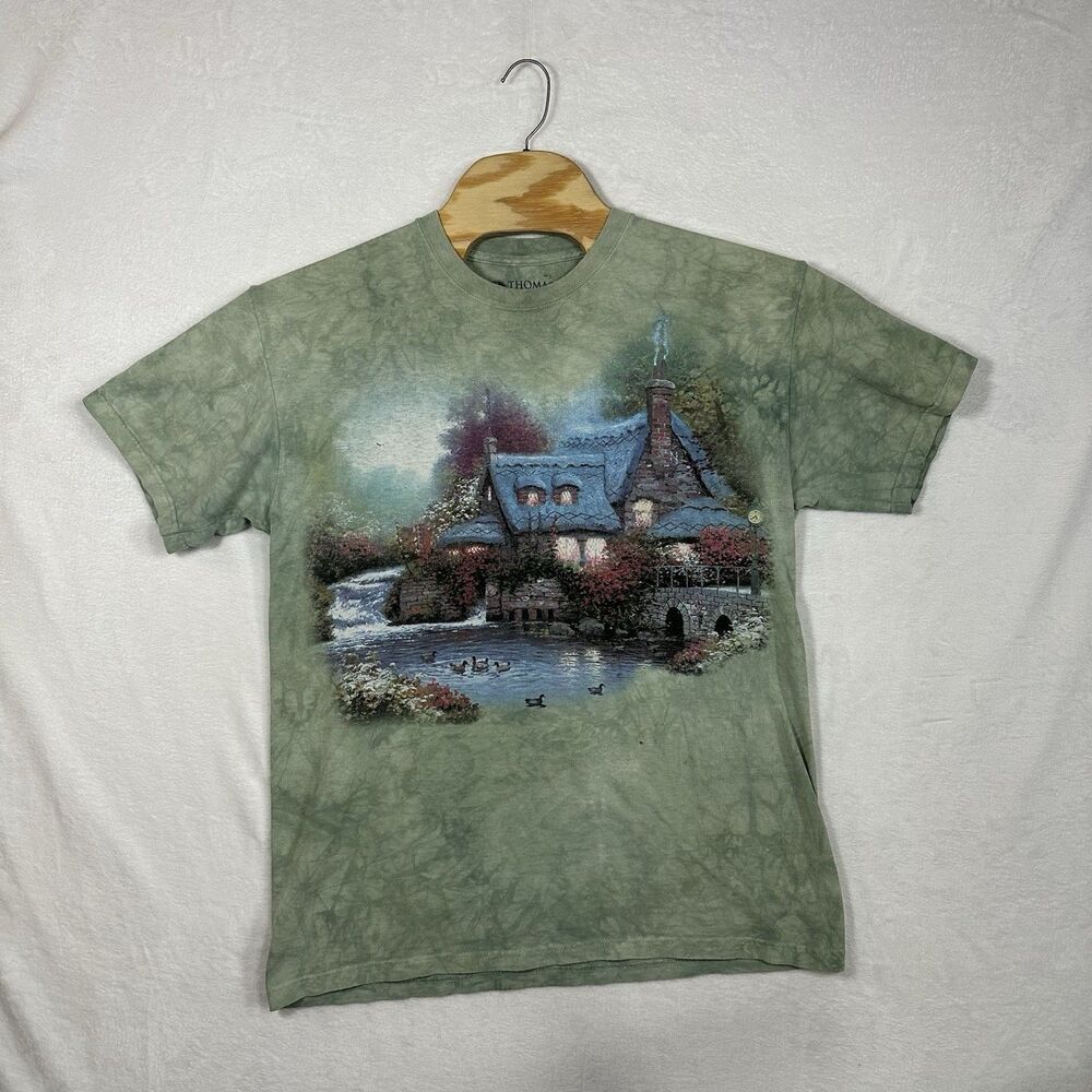 Thomas Kinkade Cottage Landscape T Shirt Mens Large Green Tie‎ Dye Art Tee